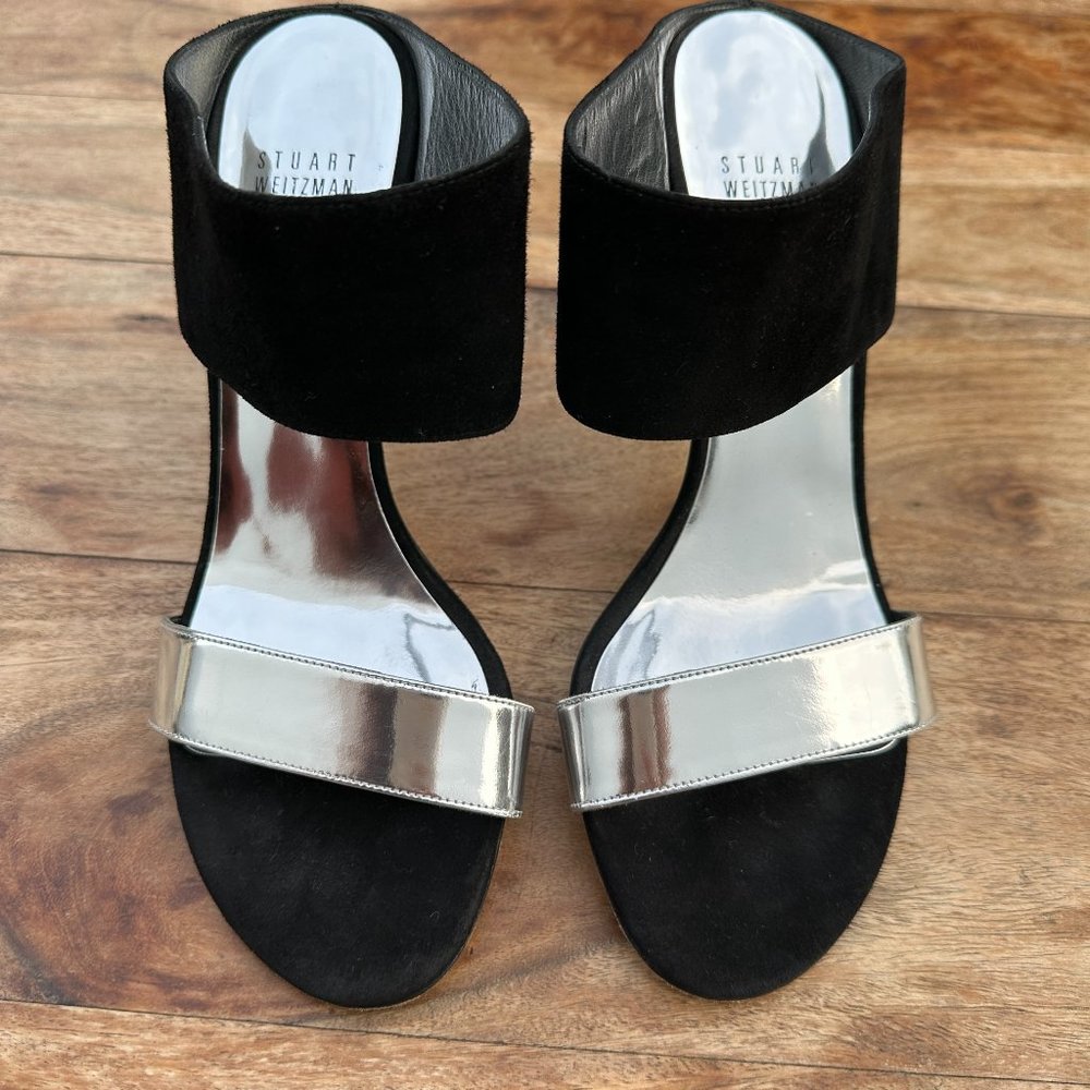STUART WEITZMAN Myslide Black Suede & Silver Strappy Heel
